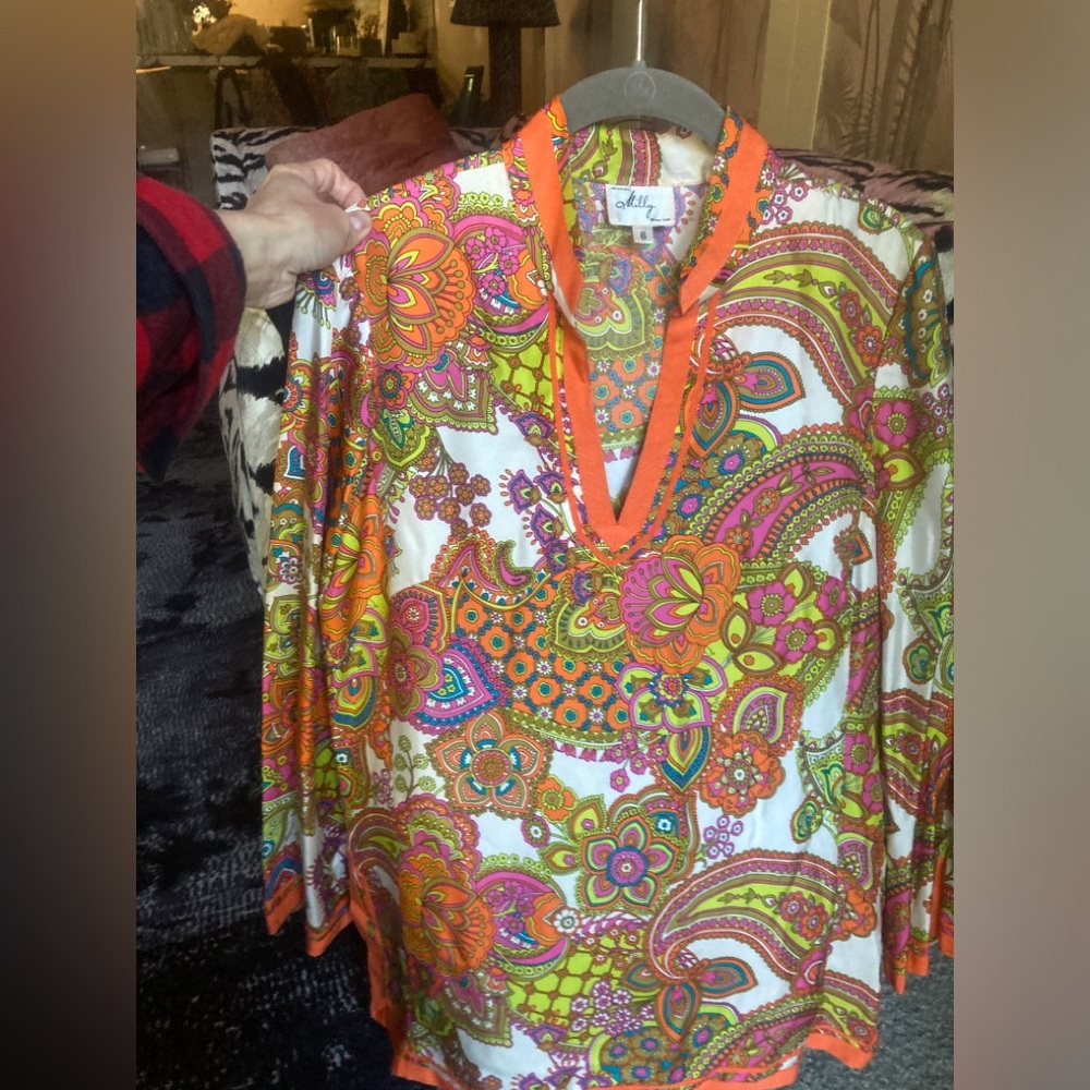 100% SILK Milly 60’s Boho hippy Psychedelic Tunic paisley top shirt 6 swim cover